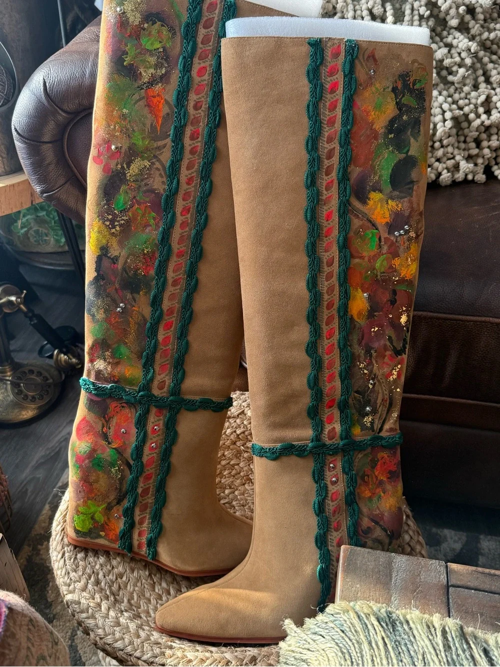 Custom Hand-Painted Beige Suede Boots green accent unique boho western boot